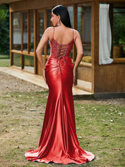 Plunging V-Neck Appliqued Stretch Satin Mermaid Dress Red