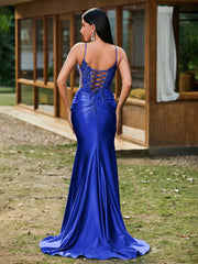 Plunging V-Neck Appliqued Stretch Satin Mermaid Dress Royal Blue