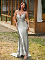 Plunging V-Neck Appliqued Stretch Satin Mermaid Dress Silver