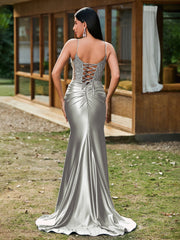 Plunging V-Neck Appliqued Stretch Satin Mermaid Dress Silver
