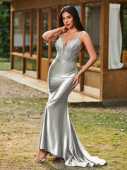 Plunging V-Neck Appliqued Stretch Satin Mermaid Dress Silver