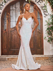 Sparkly Sequins V-neck Sweep Train Mermaid Dresses Ivory