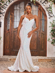 Sparkly Sequins V-neck Sweep Train Mermaid Dresses Ivory