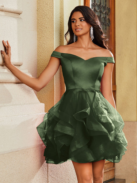 BABARONI Tulle Satin Olive Green Homecoming Dresses A-line Off-the-shoulder Pleated, Olive Green / US0