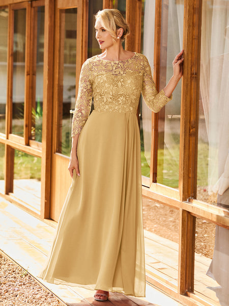 BABARONI Simple Chiffon Mother of The Bride Dress with Long Sleeves and Lace Top BABARONI Simple Chiffon Mother of The Bride Dress with Long Sleeves and Lace Top