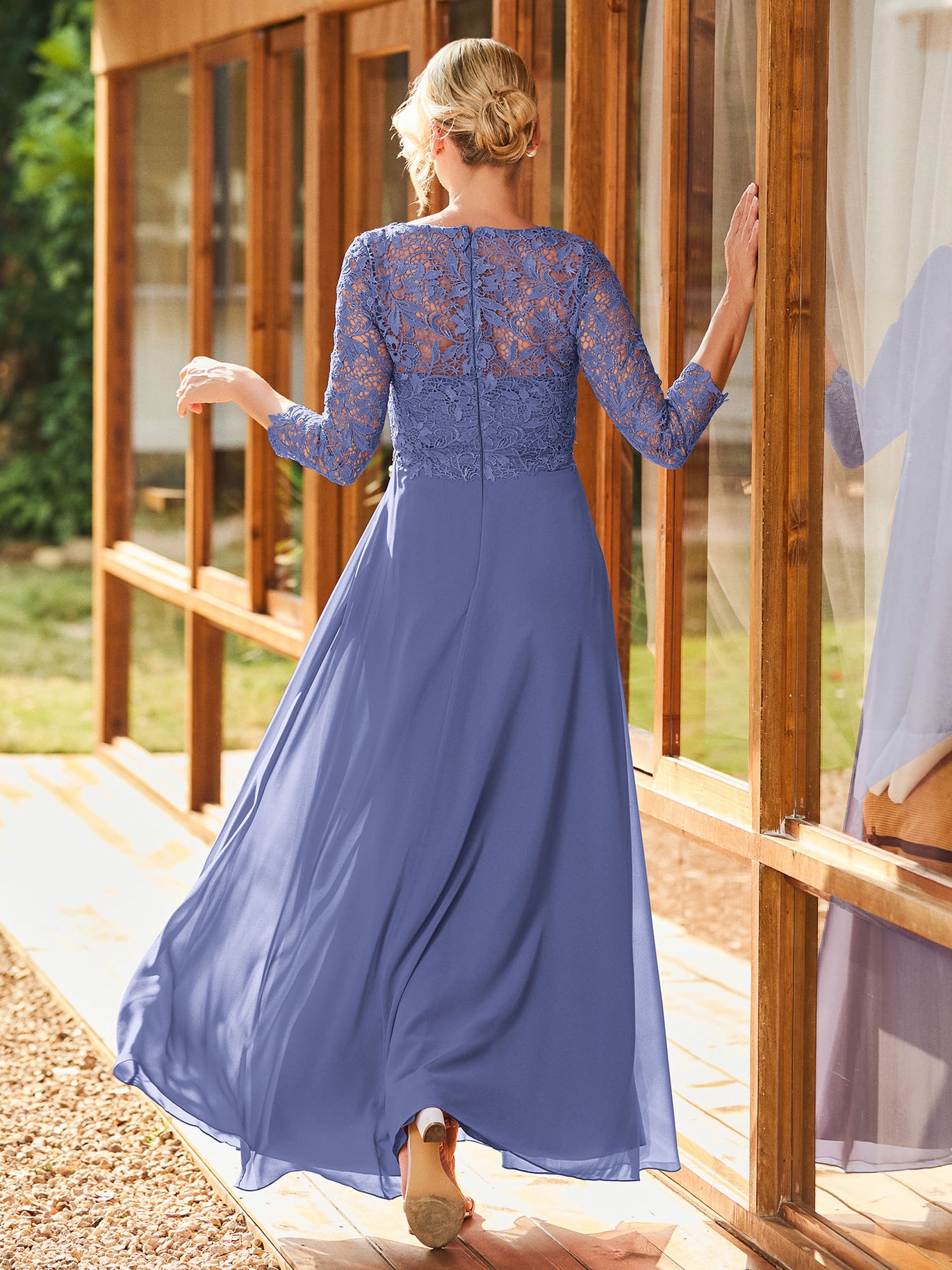 BABARONI Simple Chiffon Mother of the Bride Dress with Long Sleeves and Lace Top BABARONI Simple Chiffon Mother of the Bride Dress with Long Sleeves and Lace Top