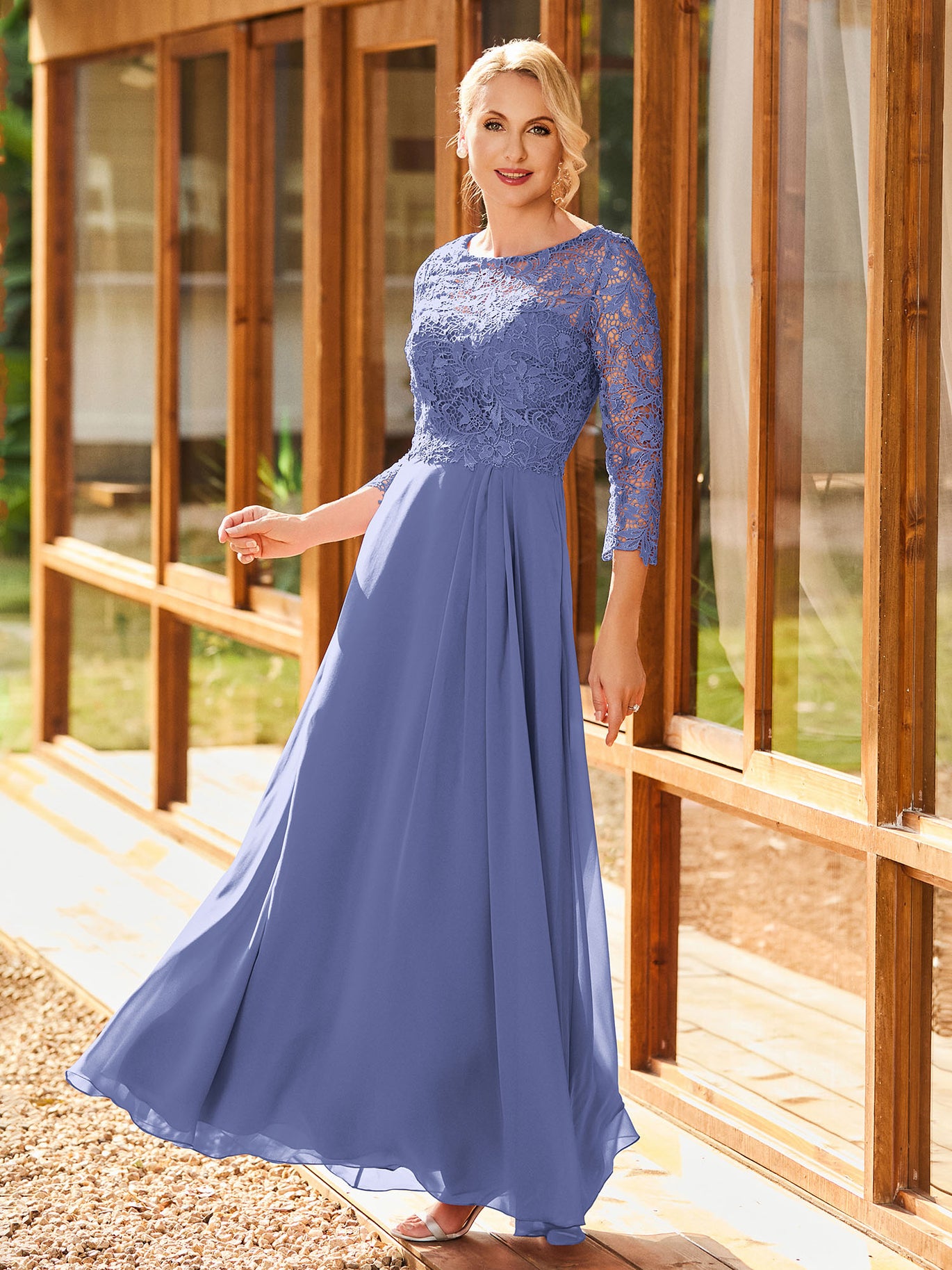 BABARONI Simple Chiffon Mother of the Bride Dress with Long Sleeves and Lace Top