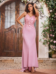 V-neck Appliqued Sheath Corset Bodice Jersey Long Gowns Dusty Rose