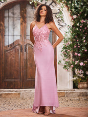 V-neck Appliqued Sheath Corset Bodice Jersey Long Gowns Dusty Rose