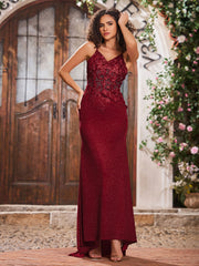 V-neck Appliqued Sheath Corset Bodice Jersey Long Gowns Burgundy