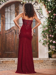 V-neck Appliqued Sheath Corset Bodice Jersey Long Gowns Burgundy