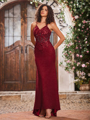 V-neck Appliqued Sheath Corset Bodice Jersey Long Gowns Burgundy