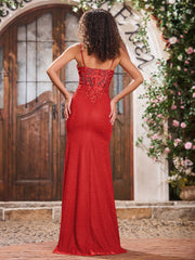 V-neck Appliqued Sheath Corset Bodice Jersey Long Gowns Red