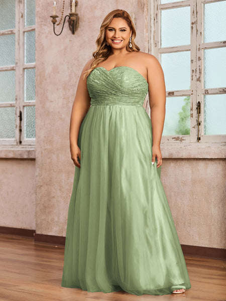 Dusty Sage Plus Size Tulle Lace Bridesmaid Dress Sweetheart Neck Long Strapless Gown | BABARONI