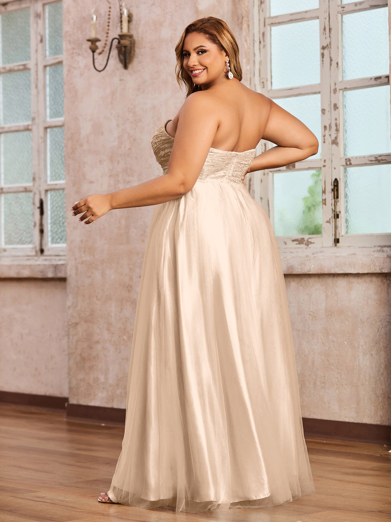 Peach Plus Size Tulle Lace Bridesmaid Dress Sweetheart Neck Long Strapless Gown