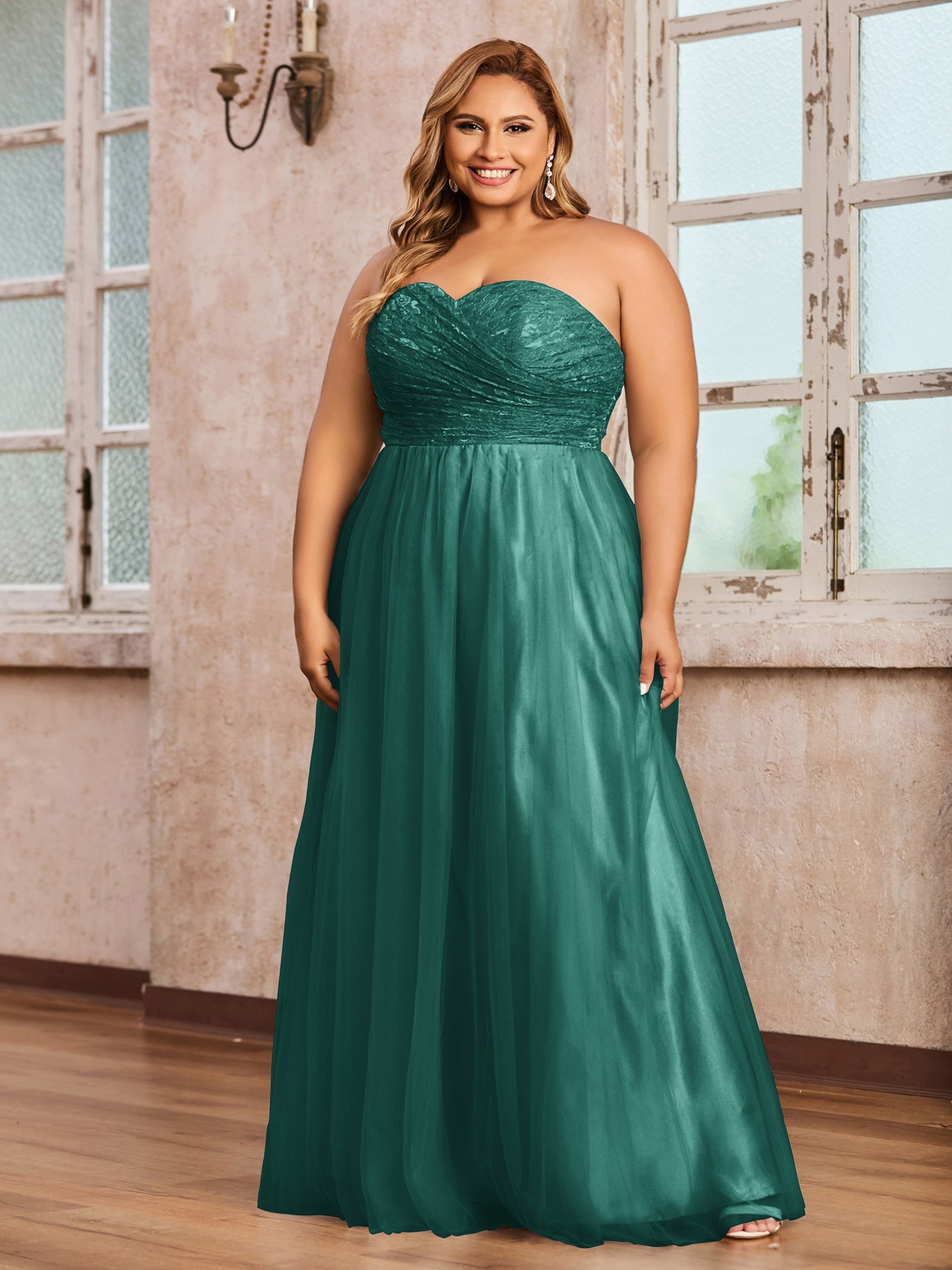 Peacock Plus Size Tulle Lace Bridesmaid Dress Sweetheart Neck Long Strapless Gown | BABARONI Peacock Plus Size Tulle Lace Bridesmaid Dress Sweetheart Neck Long Strapless Gown | BABARONI
