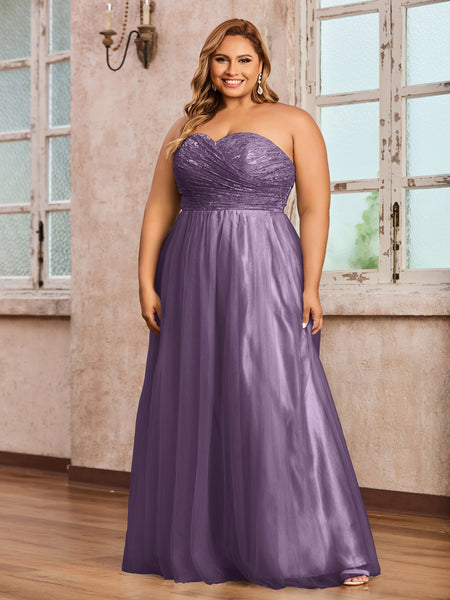 Plum Plus Size Tulle Lace Bridesmaid Dress Sweetheart Neck Long Strapless Gown