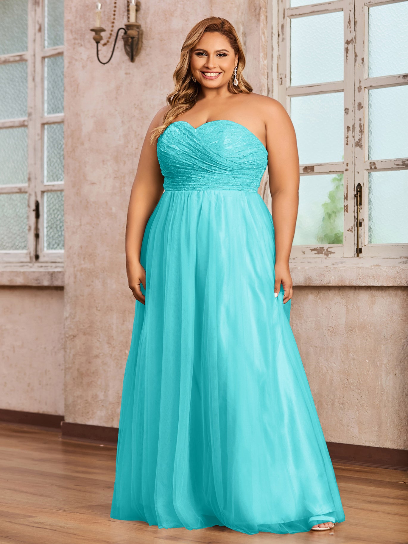 Pool Plus Size Tulle Lace Bridesmaid Dress Sweetheart Neck Long Strapless Gown | BABARONI Pool Plus Size Tulle Lace Bridesmaid Dress Sweetheart Neck Long Strapless Gown | BABARONI