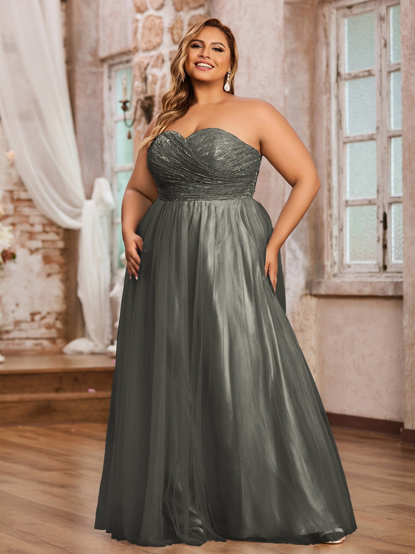 BABARONI Tulle Steel Grey Bridesmaid Dresses Sweetheart Floor-length  Sleeveless Bow A-line