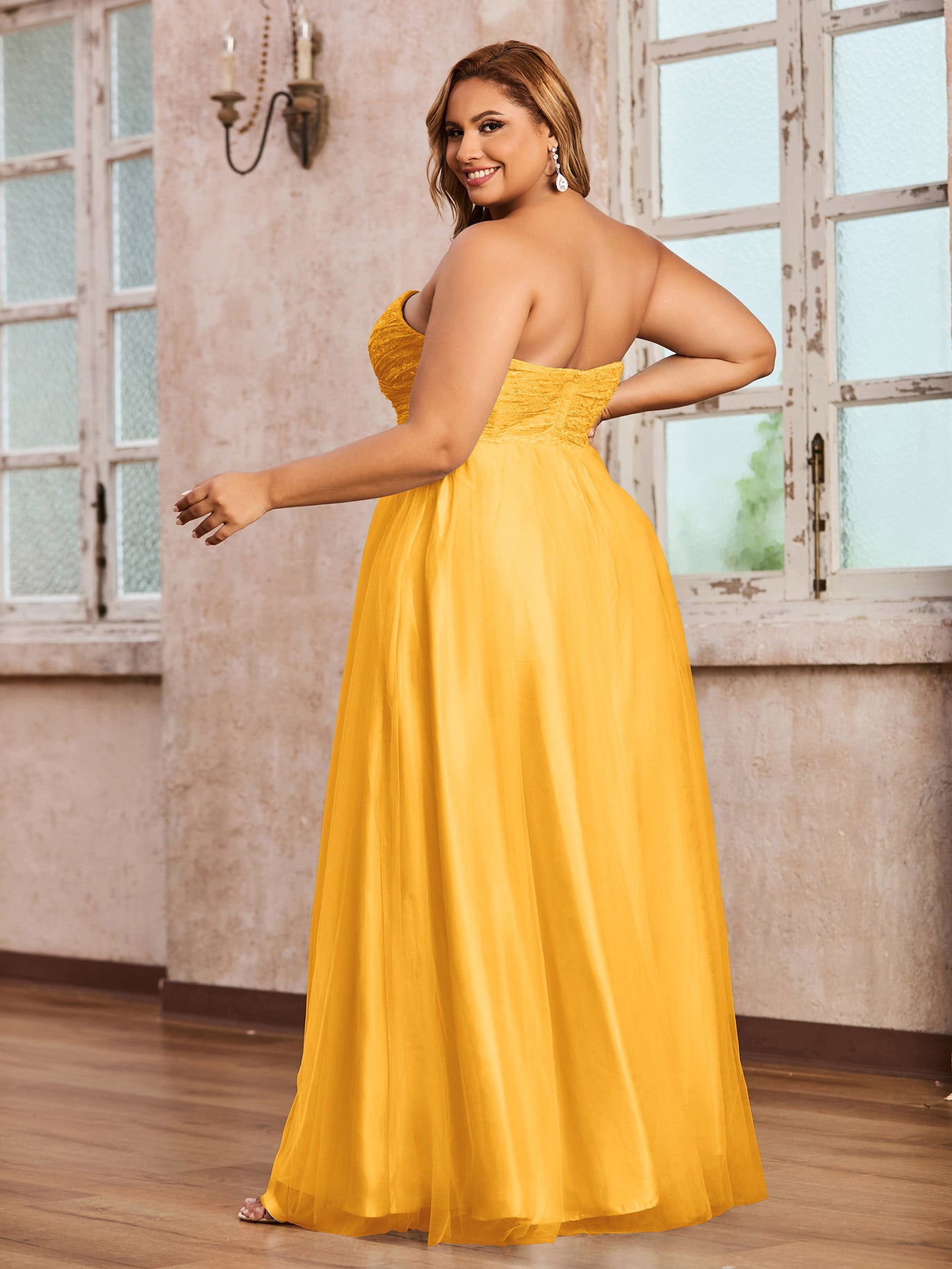 Tangerine Plus Size Tulle Lace Bridesmaid Dress Sweetheart Neck Long Strapless Gown