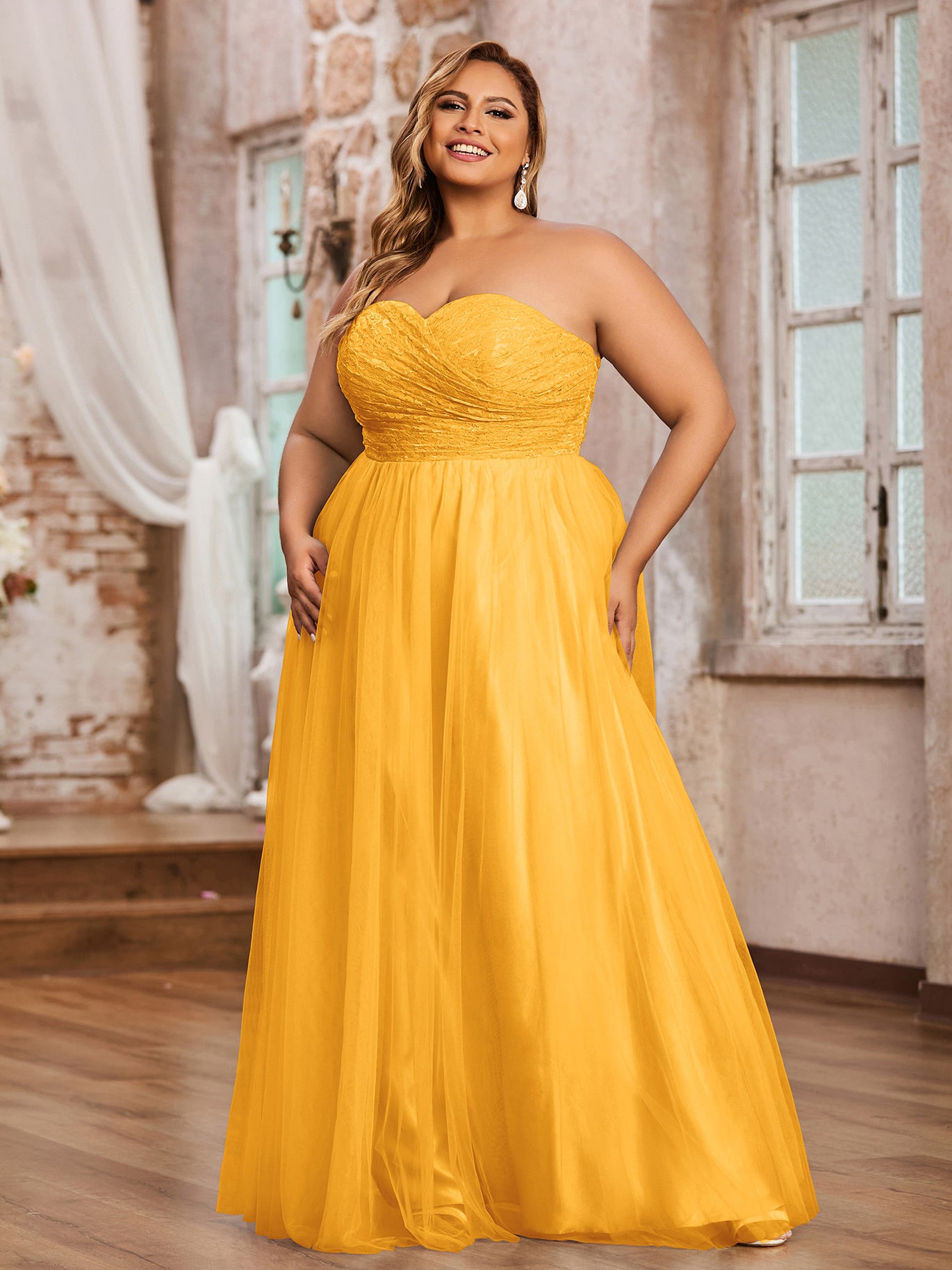 Tangerine Plus Size Tulle Lace Bridesmaid Dress Sweetheart Neck Long Strapless Gown | BABARONI Tangerine Plus Size Tulle Lace Bridesmaid Dress Sweetheart Neck Long Strapless Gown | BABARONI
