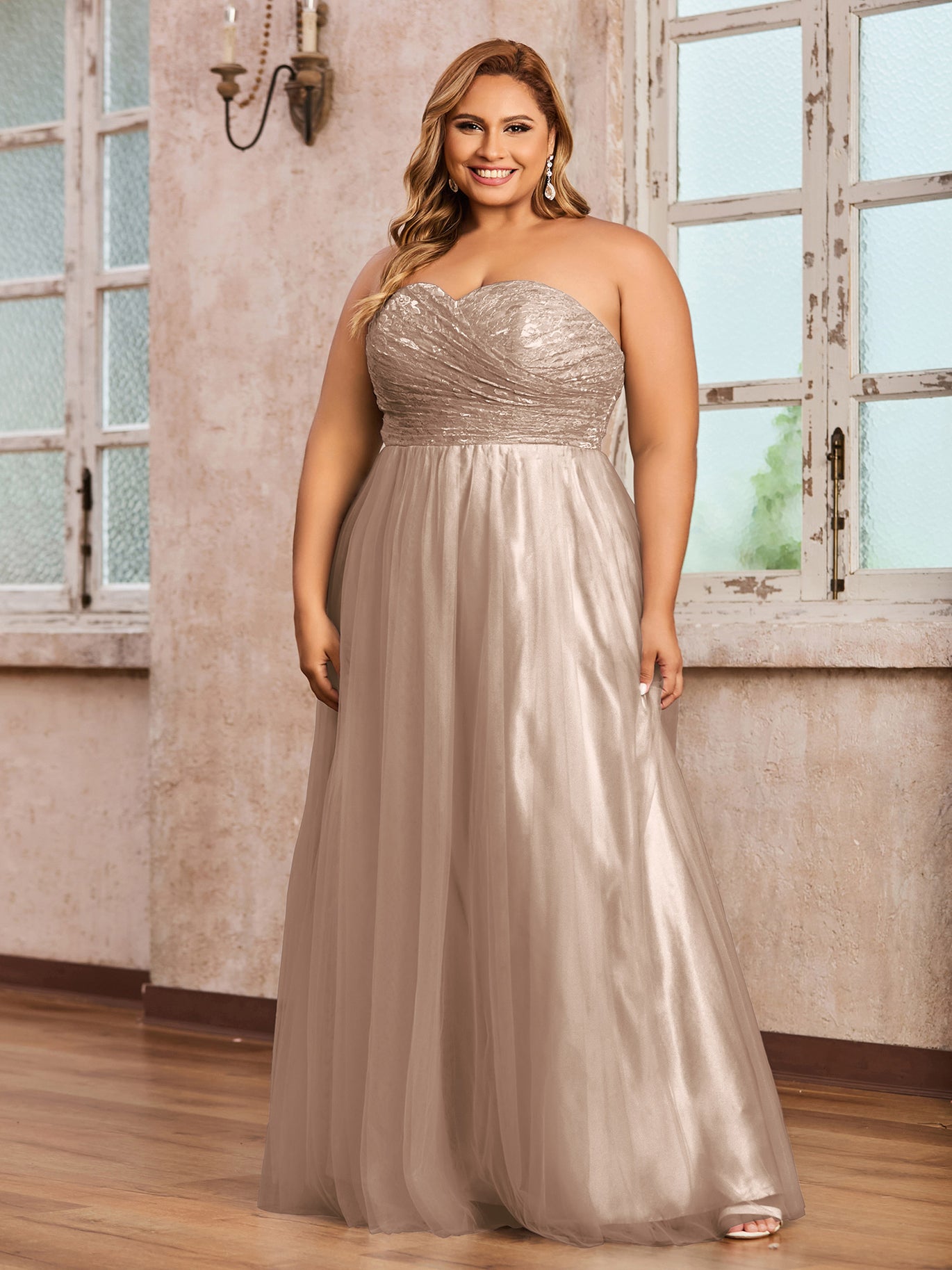 Taupe Plus Size Tulle Lace Bridesmaid Dress Sweetheart Neck Long Strapless Gown | BABARONI Taupe Plus Size Tulle Lace Bridesmaid Dress Sweetheart Neck Long Strapless Gown | BABARONI