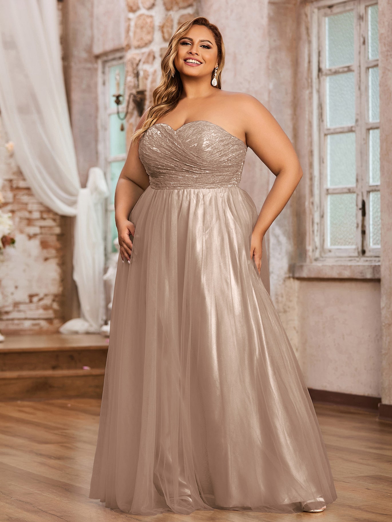 plus size taupe bridesmaid dresses Taupe Plus Size Tulle Lace Bridesmaid Dress Sweetheart Neck Long Strapless Gown