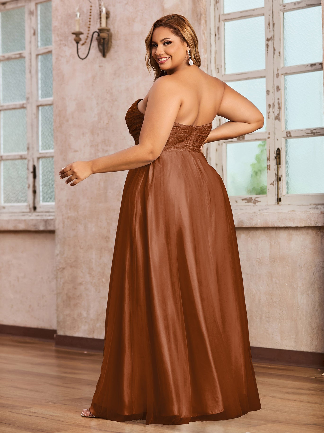 Terracotta Plus Size Tulle Lace Bridesmaid Dress Sweetheart Neck Long Strapless Gown | BABARONI Terracotta Plus Size Tulle Lace Bridesmaid Dress Sweetheart Neck Long Strapless Gown | BABARONI