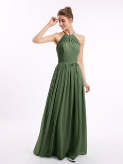 Halter High Neck Chiffon Bridesmaid Dress-Olive Green