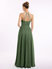 Halter High Neck Chiffon Bridesmaid Dress-Olive Green Plus Size