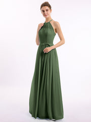 Halter High Neck Chiffon Bridesmaid Dress-Olive Green