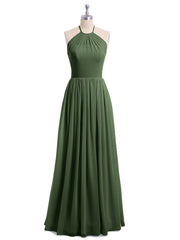 Halter High Neck Chiffon Bridesmaid Dress-Olive Green Plus Size