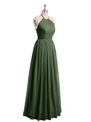 Halter High Neck Chiffon Bridesmaid Dress-Olive Green Plus Size