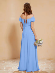 Half Sleeve Backless A-line Chiffon Dress Blue