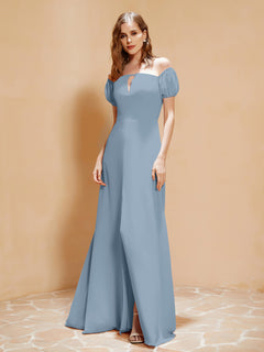 Half Sleeve Backless A-line Chiffon Dress Dusty Blue