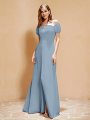 Half Sleeve Backless A-line Chiffon Dress Dusty Blue
