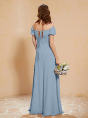 Half Sleeve Backless A-line Chiffon Dress Dusty Blue