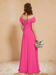 Half Sleeve Backless A-line Chiffon Dress Fuchsia