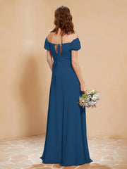 Half Sleeve Backless A-line Chiffon Dress Ink Blue
