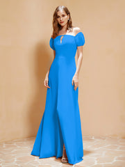 Half Sleeve Backless A-line Chiffon Dress Ocean Blue