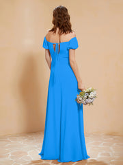 Half Sleeve Backless A-line Chiffon Dress Ocean Blue