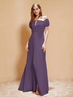 Half Sleeve Backless A-line Chiffon Dress Plum