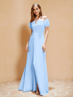 Half Sleeve Backless A-line Chiffon Dress Sky Blue