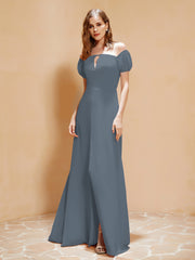 Half Sleeve Backless A-line Chiffon Dress Slate Blue