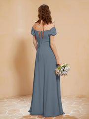 Half Sleeve Backless A-line Chiffon Dress Slate Blue