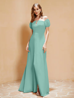 Half Sleeve Backless A-line Chiffon Dress Turquoise
