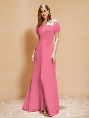 Half Sleeve Backless A-line Chiffon Dress Watermelon