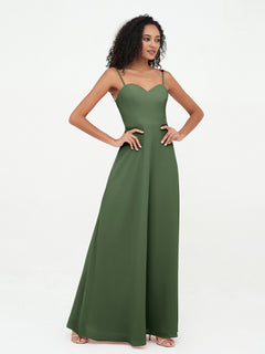 Spaghetti Straps Chiffon Dresses with Sweetheart-Olive Green