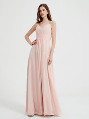 V-neck Chiffon Dresses with Beaded Straps-Pearl Pink