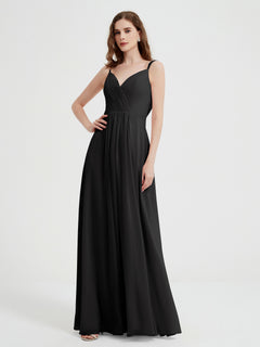 V-neck Chiffon Dresses with Beaded Straps-Black